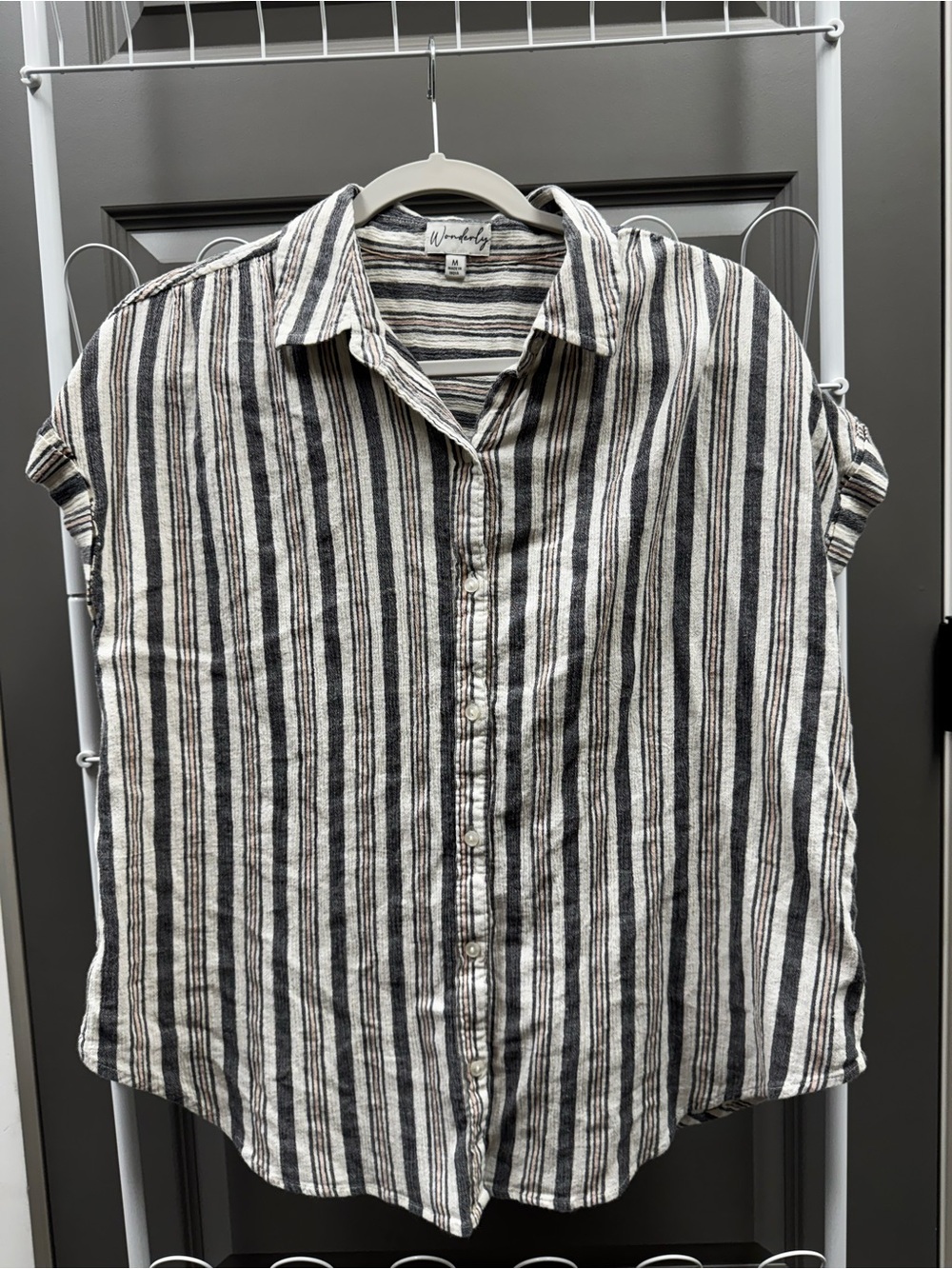 Wonderly Cream, Gray and Pink Striped Short-Sleeve Button Down Shirt